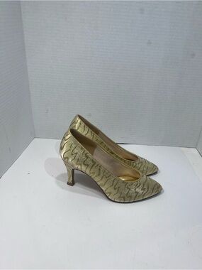 Gold Metallic Patterned Pointed-Toe Heels for Women
